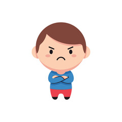 Cute cartoon boy with angry expression arms crossed.