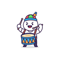 Cute cartoon character playing a drum with a colorful hat and outfit.