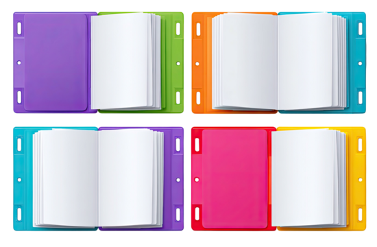 Four colorful open binders with blank white pages on a black background, studio shot