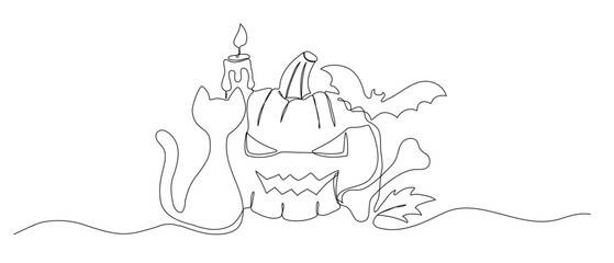 Bat, pumpkin and cat, one line illustration. Hand drawn vector sketch isolated on white background. Halloween continuous design