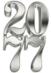 Glossy chrome 3D numbers '2077' reflecting light, representing future events, new year, and innovation.
