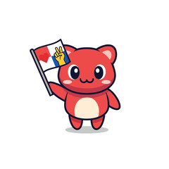 Cute red cartoon bear holding a flag with peace sign illustration.