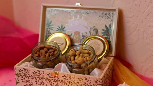 Beautiful dry fruit hamper with festive celebration background