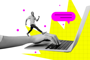 Composite photo collage of happy american man run human hand type laptop keyboard message notification talk isolated on painted background