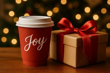 Red paper coffee cup with word joy and wrapped gift box with red ribbon on wooden table, Christmas holiday bokeh lights background.