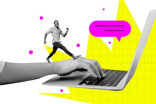 Composite photo collage of happy american man run human hand type laptop keyboard message notification talk isolated on painted background - Powered by Adobe