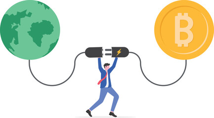 Bitcoin power plug absorbing energy from earth in flat design

