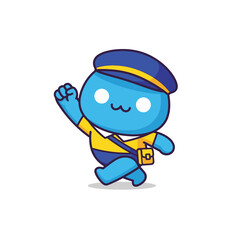 Cute blue cartoon character dressed as a postal worker running.
