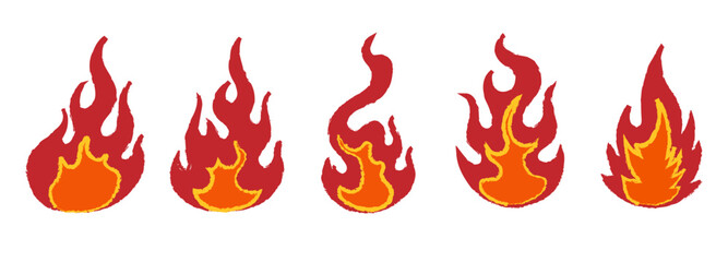 Red yellow orange crayon fire flames set. Grunge hand drawn fire shape vector illustration collection.