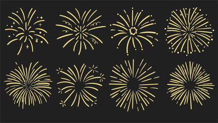 Doodle firework new year set. Hand drawn firework, firecracker, sparkler, cracker, confetti for party, birthday, new year and celebration. Yellow firework set on black background.