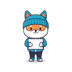 Cute fox character wearing winter clothes holding a blank sign.