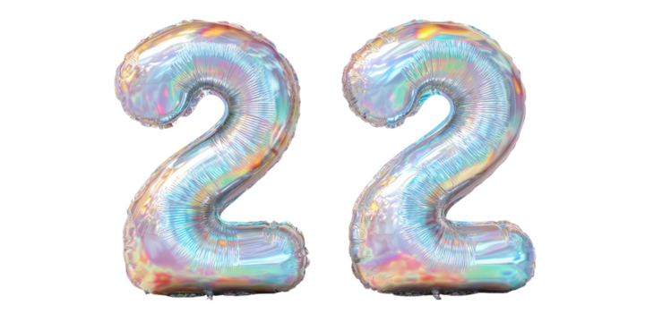 A pair of iridescent, inflated numerical figures, "22," float against a stark black background