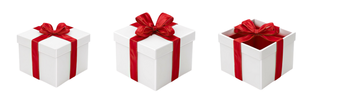 A series of three white square gift boxes with red ribbons, two closed and one opened