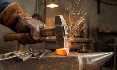 A gloved hand hammers glowing metal on an anvil, sparks flying in a dimly lit workshop
