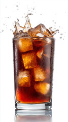 Glass of cola with ice cubes and splash effect captured against a white background.
