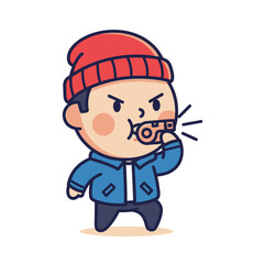 Cartoon character blowing a whistle with determined expression.
