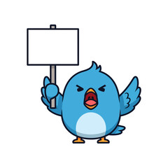 Angry blue cartoon bird holding a blank protest sign.