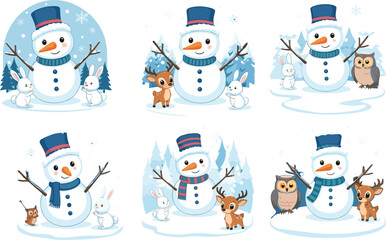 Winter snowman and woodland animal illustration set, festive outdoor scenes with deer, rabbits, owls and snowflakes, holiday vector asset, seasonal decoration