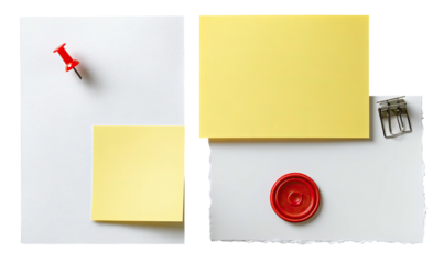 Two boards with sticky notes, pushpin, and a torn edge with a red wax seal