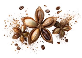 Roasted coffee beans and nuts in star shapes, surrounded by granules against a black background
