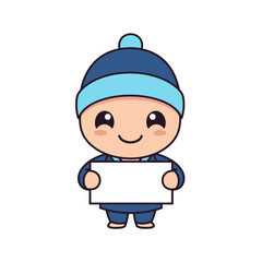 Cute cartoon boy in winter clothes holding a blank sign.