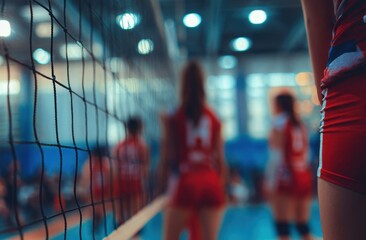 Indoor Volleyball Match with Players in Uniform Preparing for Serve