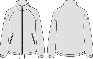 Zip-up jacket illustration, high collar with raglan sleeves, diagonal zip pockets and drawstring hem, ribbed cuffs, front and back view, fashion garment vector