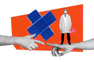 Composite trend sketch image photo collage of line paper piece hand gesture finger point touch miniature young guy stand doctor pandemic