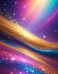 Cosmic glitter swirls in vibrant hues.  Sparkling gold,  purple, pink, and blue  streaks  blend  in a  starry  background.  Light rays burst outward