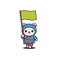Cute Bear Waving Green Flag Cartoon Illustration.