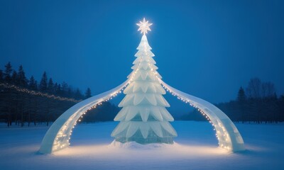 A glowing, sculpted ice Christmas tree with an arch of lights in a snowy, winter landscape