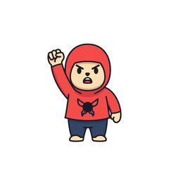 Cartoon character with red hoodie raising fist in protest and anger.