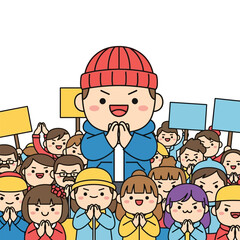 Cute cartoon character with red beanie and blue jacket, hands clasped in front, smiling.