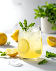 Refreshing lemon-mint beverage in a glass, surrounded by lemons and mint