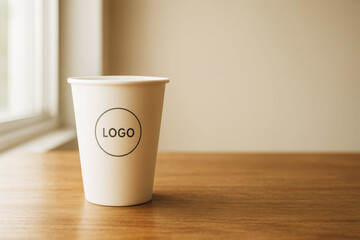 Blank coffee cup with customizable logo, placed on wooden table near window, minimalistic design, warm and simple aesthetic, copy space.