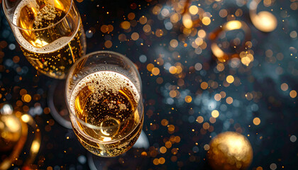 An overhead view of two champagne glasses on a black table with scattered gold decorations and sparkling lights in the background