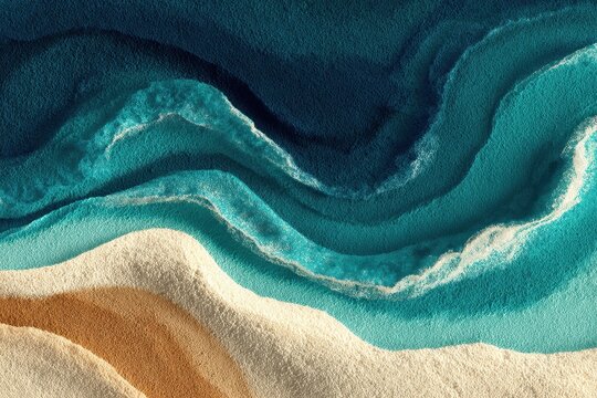 Abstract turquoise ocean waves washing onto a sandy beach with textures and light