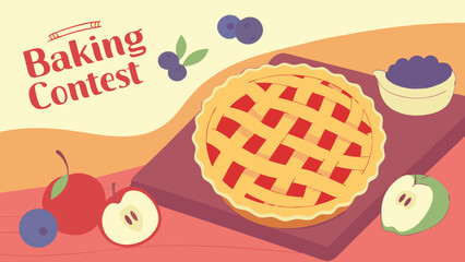 Baking contest illustration featuring a delicious pie, apples, and blueberries, perfect for culinary events and celebrating homemade desserts