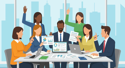 Diverse team of professionals collaborating in a modern office meeting.