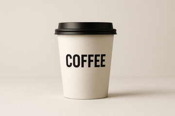 Simple white coffee cup with bold black COFFEE text on neutral background.