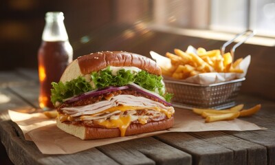 A gourmet sandwich with fries and a drink sits on a wooden table, lit by sunlight