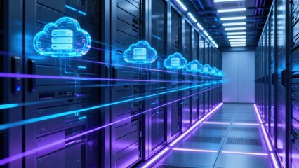 High-tech server room with glowing cloud icons and data streams in a futuristic design.