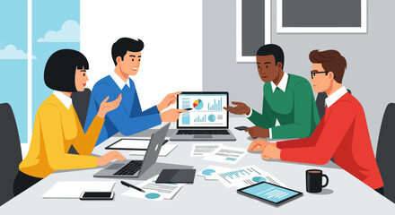 Team of professionals collaborating on a business project during a meeting.