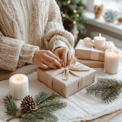 a woman’s hands wrapping christmas gifts with beige paper and blush ribbons, candles and pine branches nearby