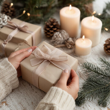 a woman&rsquo;s hands wrapping christmas gifts with beige paper and blush ribbons, candles and pine branches nearby