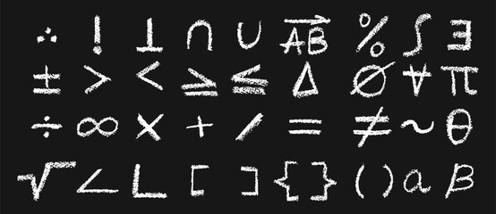 Creative vector set of mathematical icons for school education. Includes algebra letters, triangle, perpendicular lines, and numero symbols with pastel spray paint effect and board texture art.