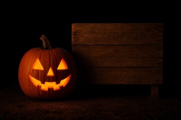 Glowing jack-o'-lantern with wooden sign on dark background, perfect for halloween and spooky season decorations, copy space.