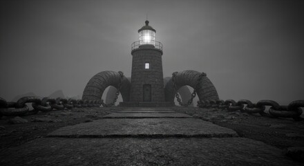 A grayscale image of a solitary lighthouse with unusual chained arches on a rocky expanse