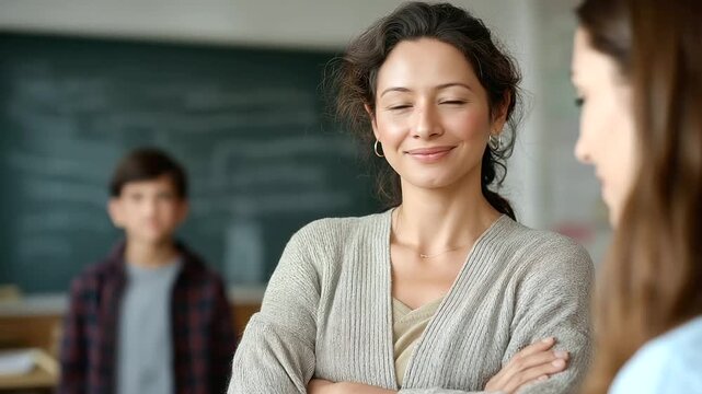 A teacher smiles with crossed arms, the assured scene illuminated by soft light. Teacher, classroom, with copy space