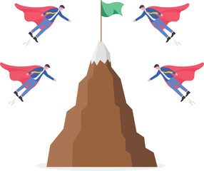 Superhero businessman flying to mountain milestone
